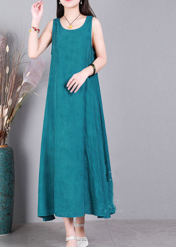 Modern Blue O-neck Jacquard Linen Party Strap Dress Sleeveless