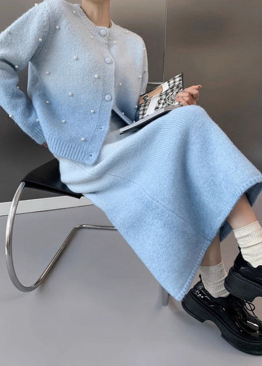 Modern Blue O-neck Nail Bead Cotton Knit Sweaters and Maxi Skirts Two Piece Set Spring