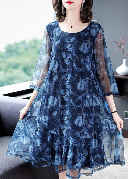 Modern Blue O-neck Print Tulle Long Dresses Summer