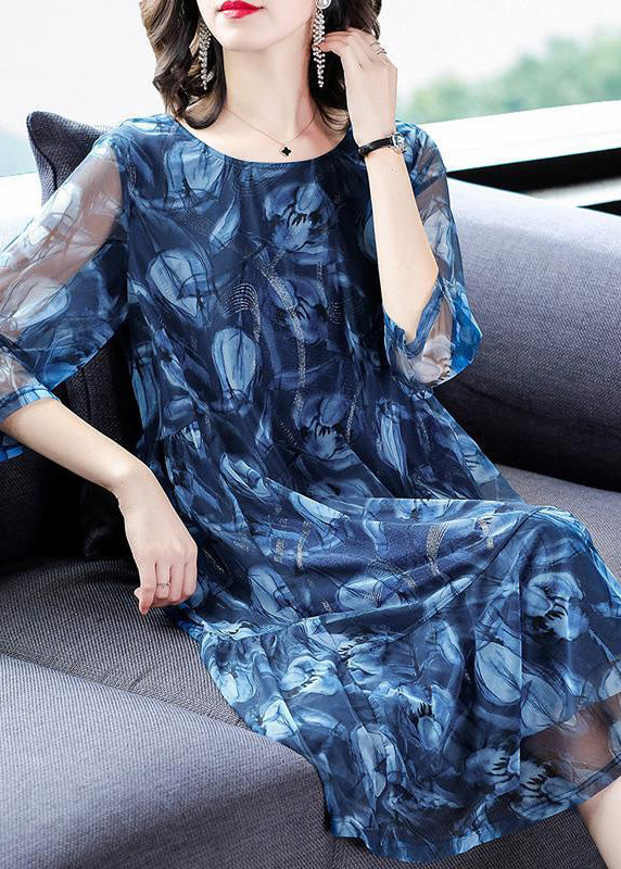 Modern Blue O-neck Print Tulle Long Dresses Summer
