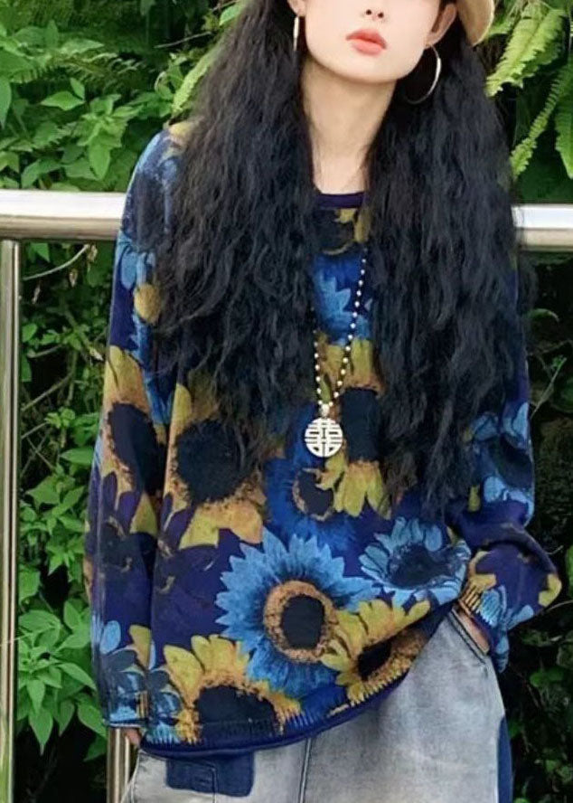 Modern Blue O-neck Sun Flower Print Knit Loose Sweater Tops Winter