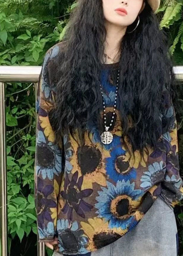 Modern Blue O-neck Sun Flower Print Knit Loose Sweater Tops Winter