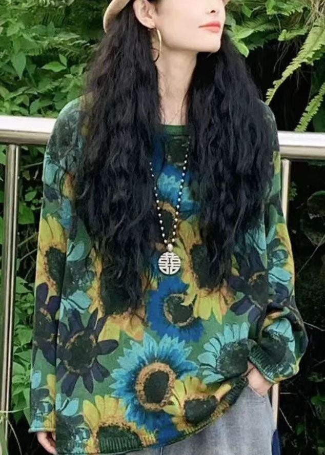 Modern Blue O-neck Sun Flower Print Knit Loose Sweater Tops Winter