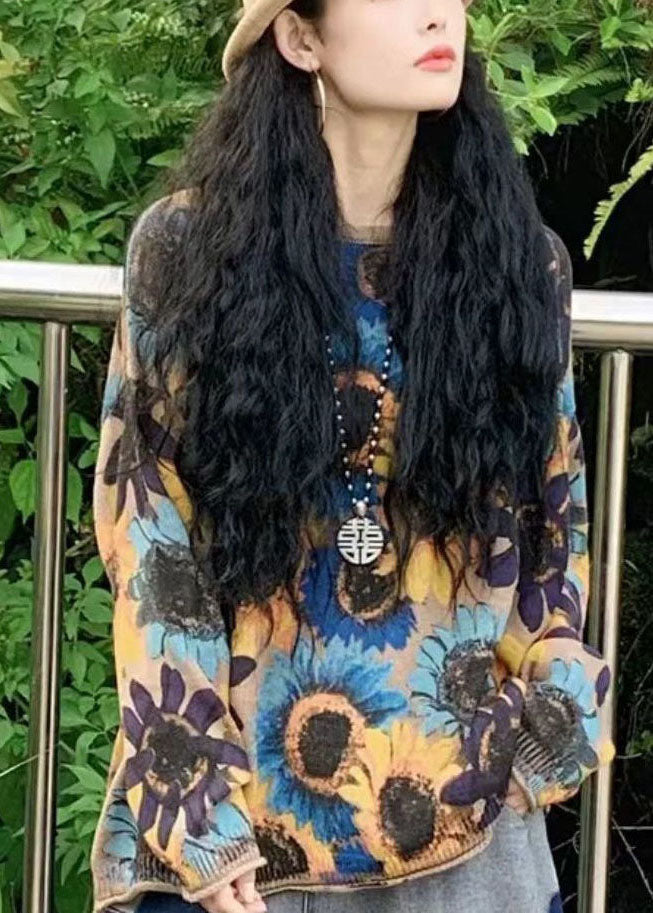 Modern Blue O-neck Sun Flower Print Knit Loose Sweater Tops Winter