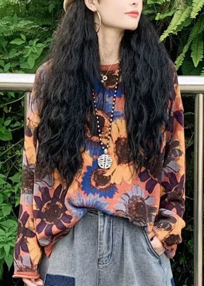 Modern Blue O-neck Sun Flower Print Knit Loose Sweater Tops Winter