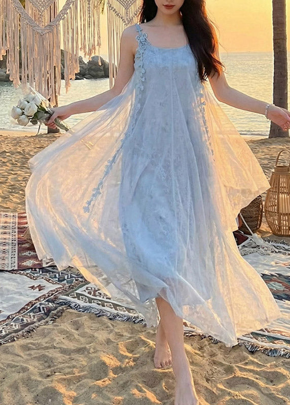 Modern Blue Patchwork Butterfly Holiday Tulle Long Dress Summer