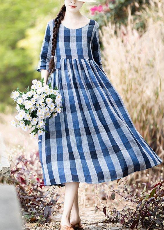Modern Blue Plaid Asymmetrical Design Holiday Summer Linen Dress