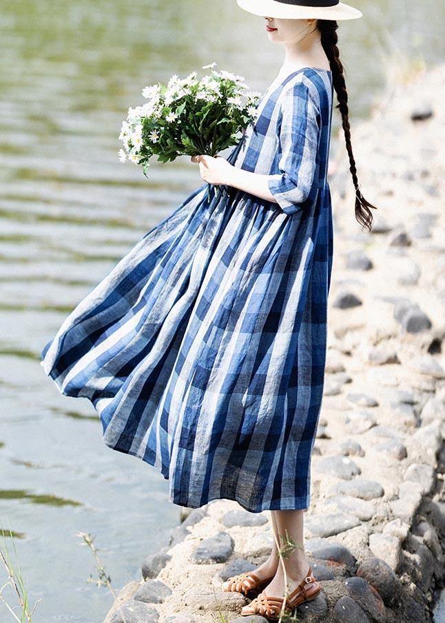 Modern Blue Plaid Asymmetrical Design Holiday Summer Linen Dress