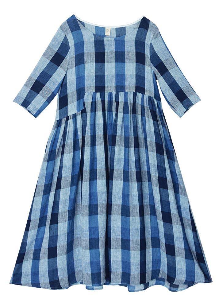 Modern Blue Plaid Asymmetrical Design Holiday Summer Linen Dress