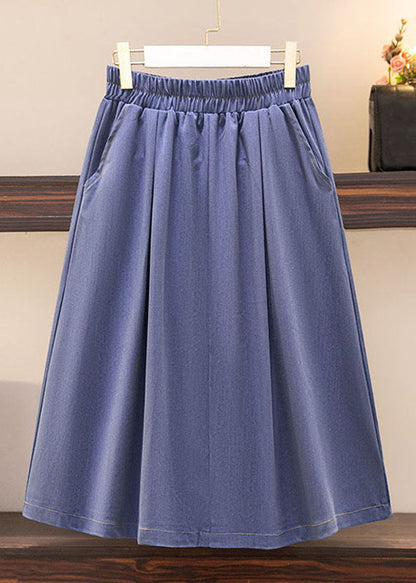 Modern Blue Pockets Elastic Waist Patchwork a Iine Skirts Summer