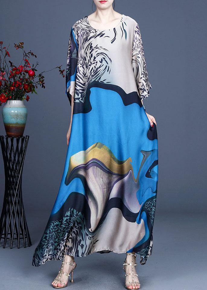 Modern Blue Print Asymmetrical Design Summer Silk Long Dress