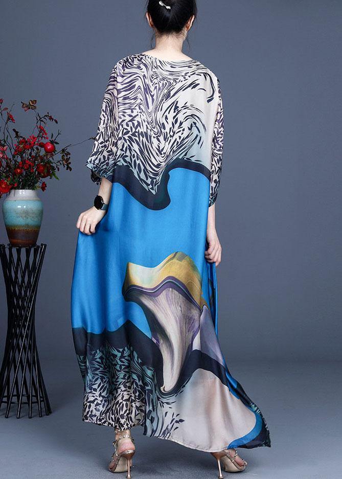 Modern Blue Print Asymmetrical Design Summer Silk Long Dress