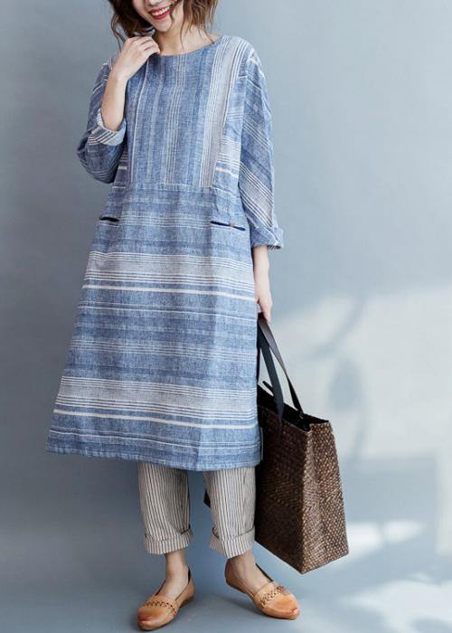 Modern Blue Striped Cotton Pockets Summer Maxi Dresses