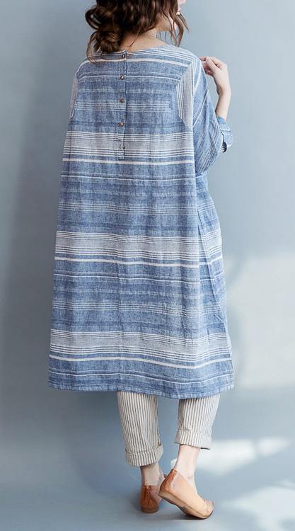 Modern Blue Striped Cotton Pockets Summer Maxi Dresses