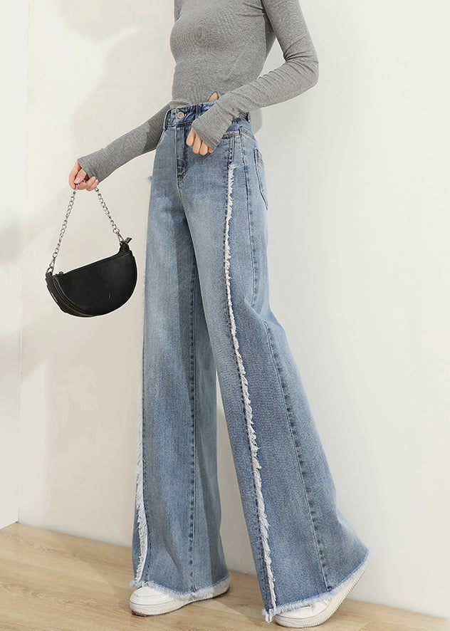 Modern Blue Tasseled Pockets Patchwork Denim Pants Spring