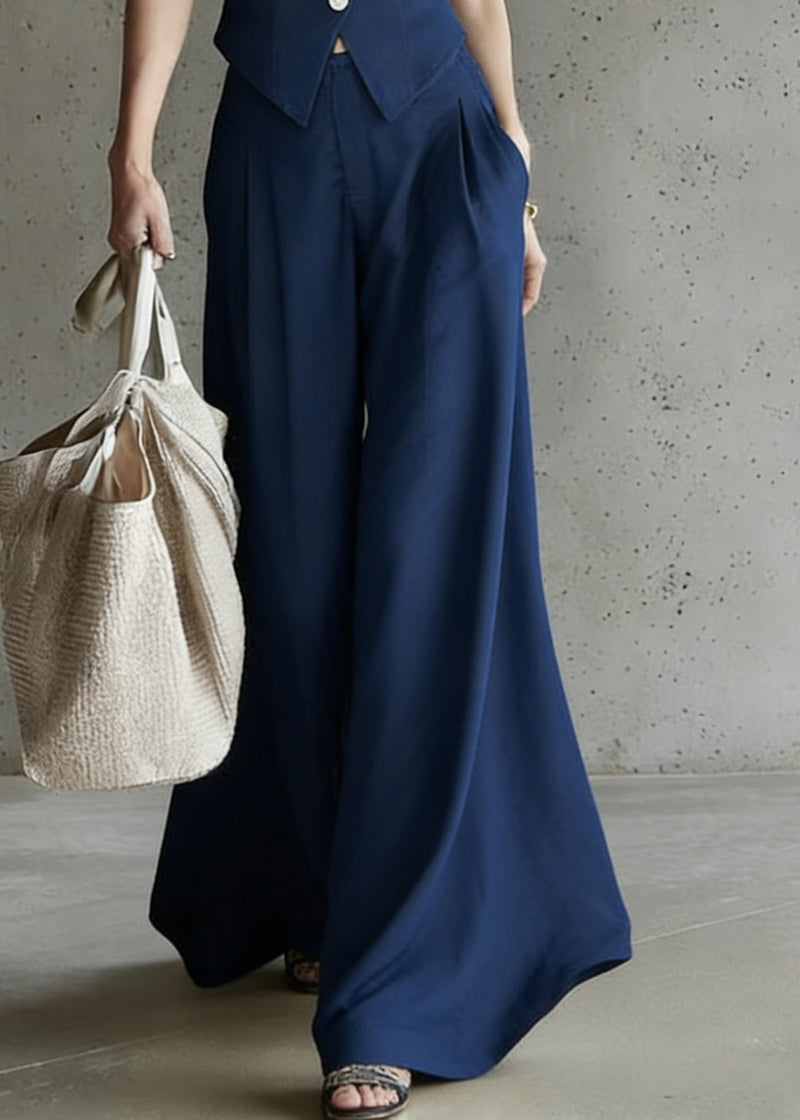 Modern Blue V Neck Button Waistcoat and Wide Leg Pants Two Pieces Set Sleeveless
