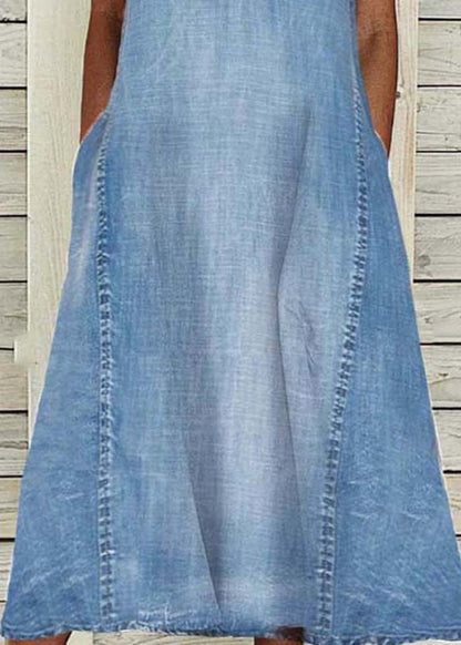 Modern Blue V Neck Washed Denim a Line Dress Sleeveless