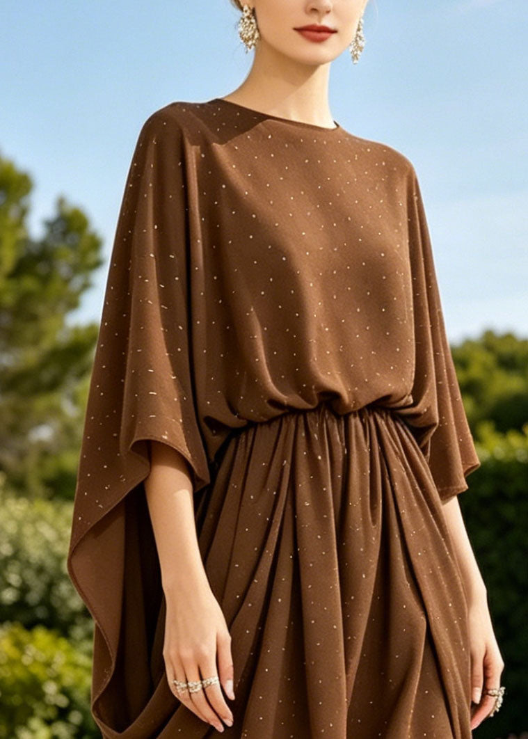 Modern Brown Oversized Zircon Cotton Day Dresses Batwing Sleeve