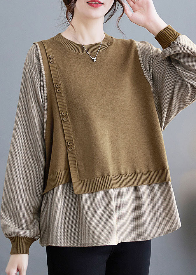 Modern Camel O-neck Knit Patchwork Top Fall