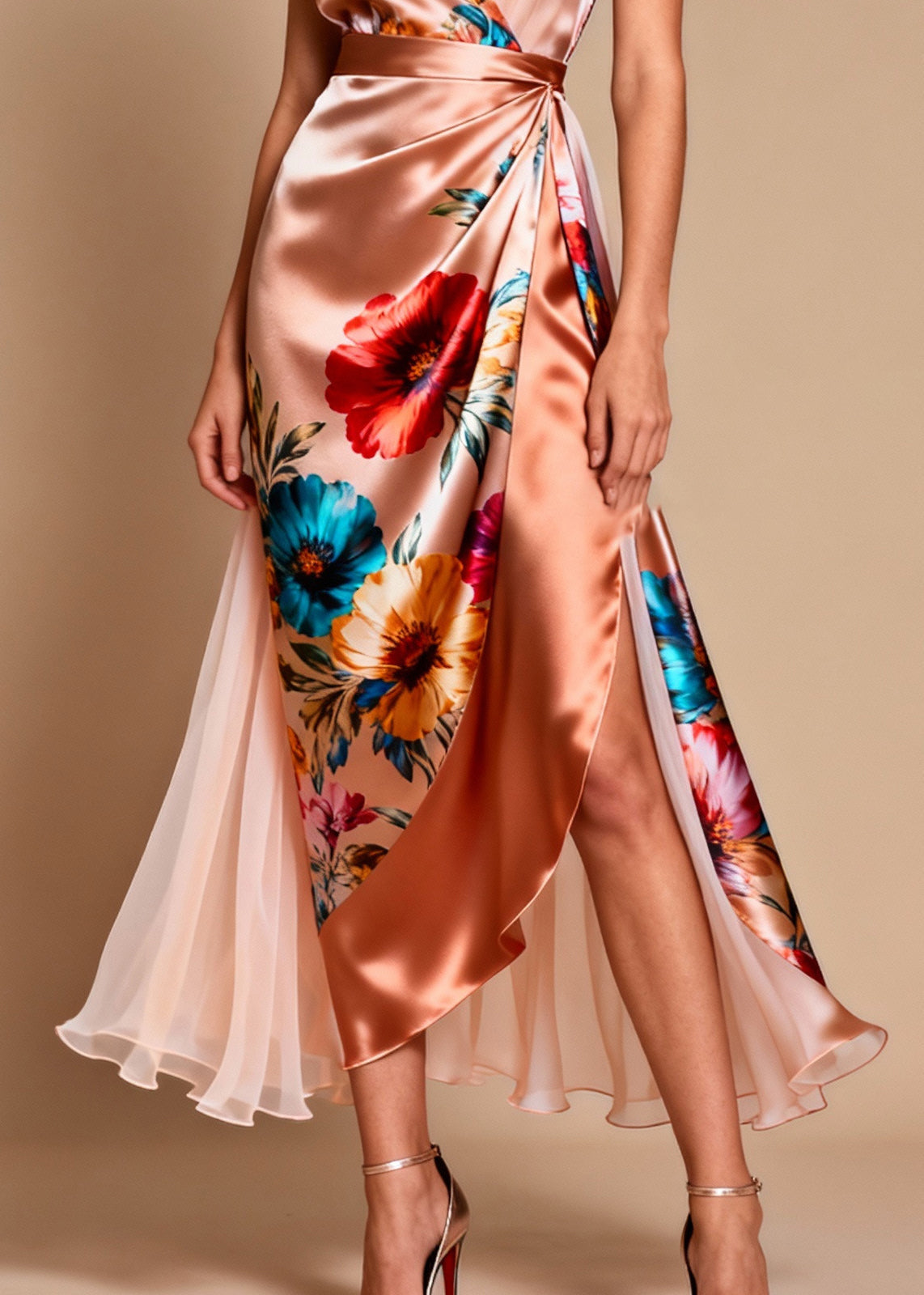 Modern Champagne Asymmetrical Patchwork Tulle Flower Print Dinner Dress Summer