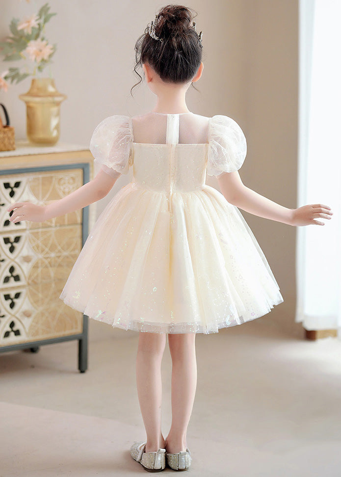 Modern Champagne O-neck Sequins Patchwork Nail Bead Tulle Mid Dresses Summer