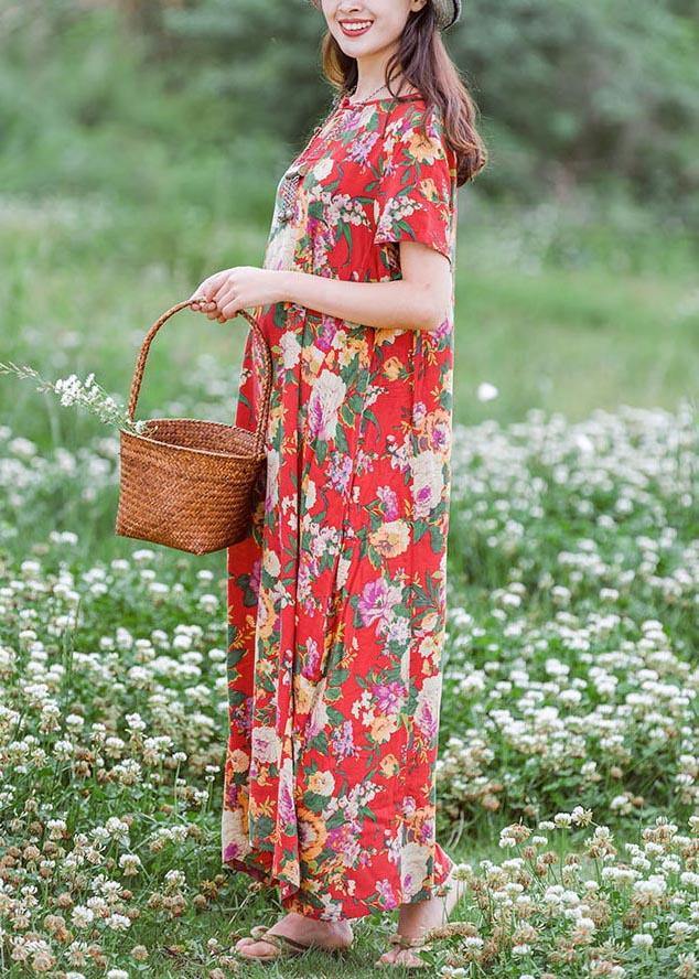 Modern Chinese Button Summer Clothes Tutorials Red Print Traveling Dresses