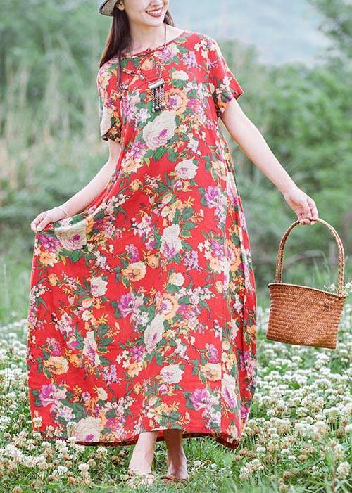 Modern Chinese Button Summer Clothes Tutorials Red Print Traveling Dresses