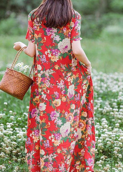 Modern Chinese Button Summer Clothes Tutorials Red Print Traveling Dresses