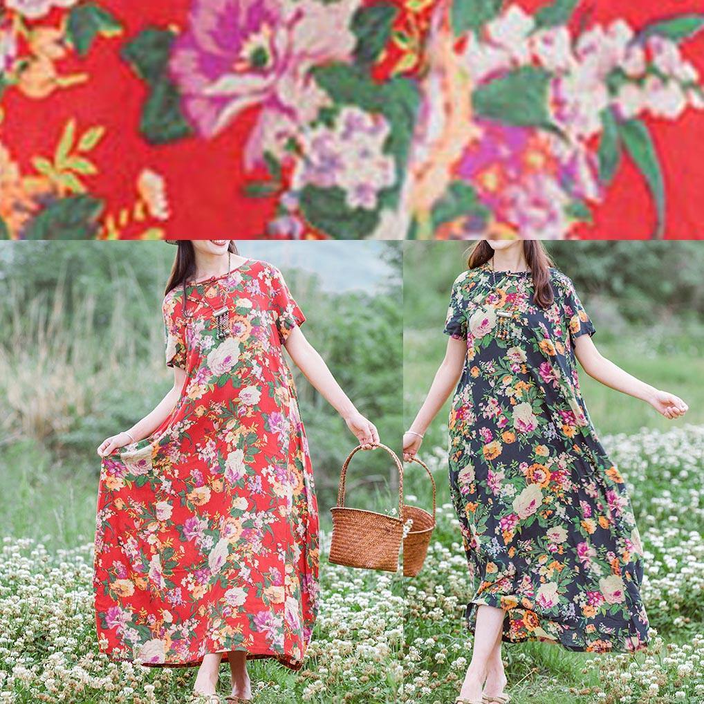 Modern Chinese Button Summer Clothes Tutorials Red Print Traveling Dresses