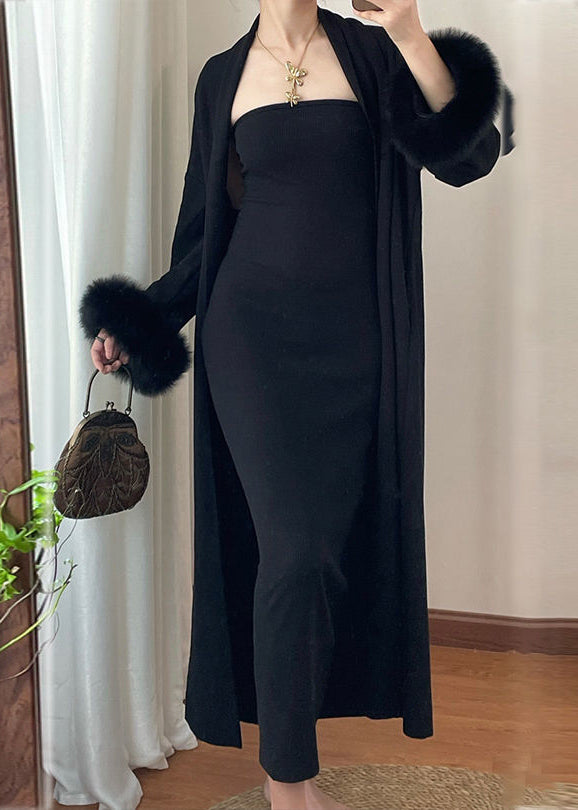 Modern Coffee Knit Cotton Long Cardigans and Long Dress Two Pieces Set Winter