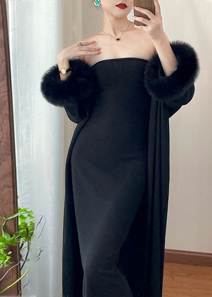 Modern Coffee Knit Cotton Long Cardigans and Long Dress Two Pieces Set Winter