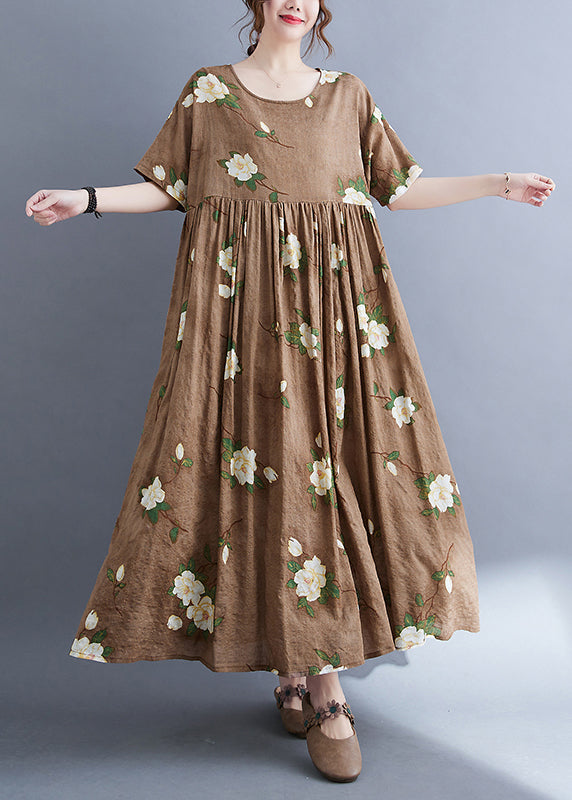 Modern Coffee O-neck Print Long Dress Summer