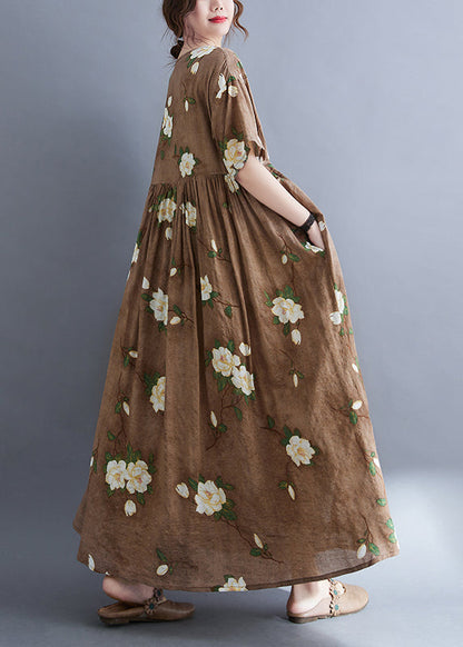 Modern Coffee O-neck Print Long Dress Summer