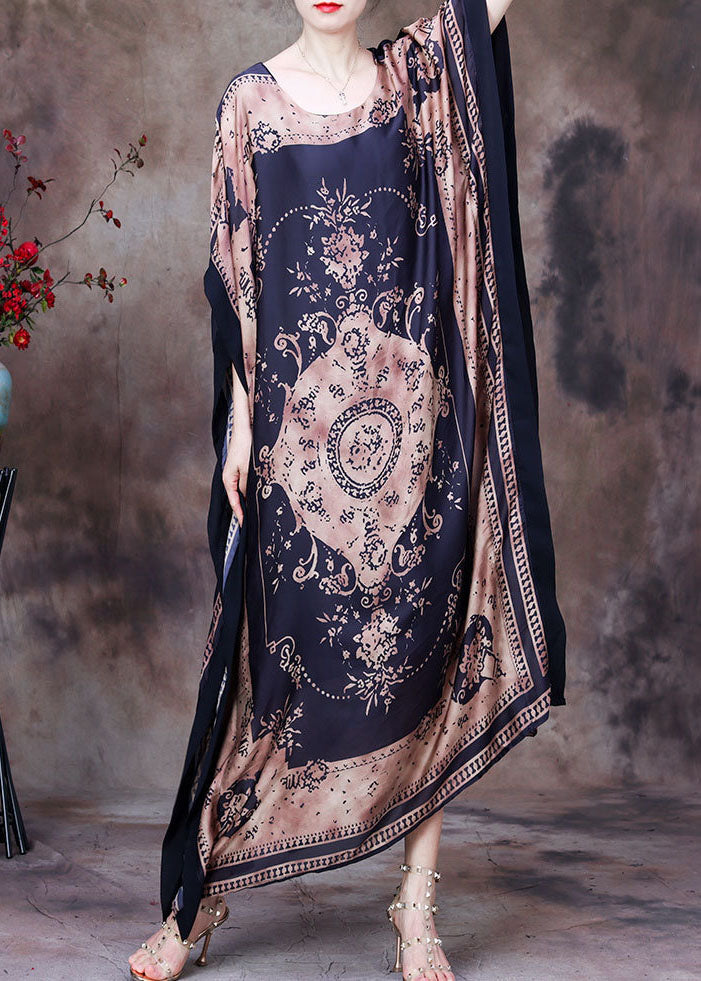Modern Chocolate O-neck Print Silk Long Dress Gown Batwing Sleeve