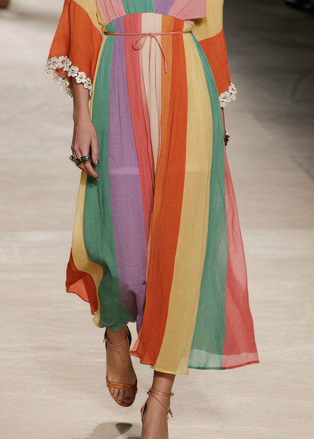 Modern Colorblock V Neck Tie Waist Cotton Long Dress Bracelet Sleeve