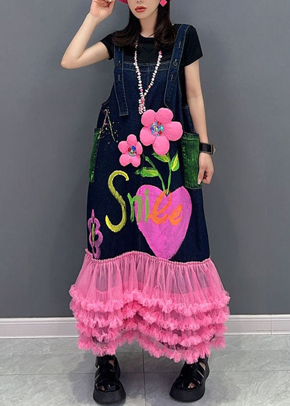 Modern Dark Blue Patchwork Pink Tulle Patchwork Maxi Dresses Sleeveless