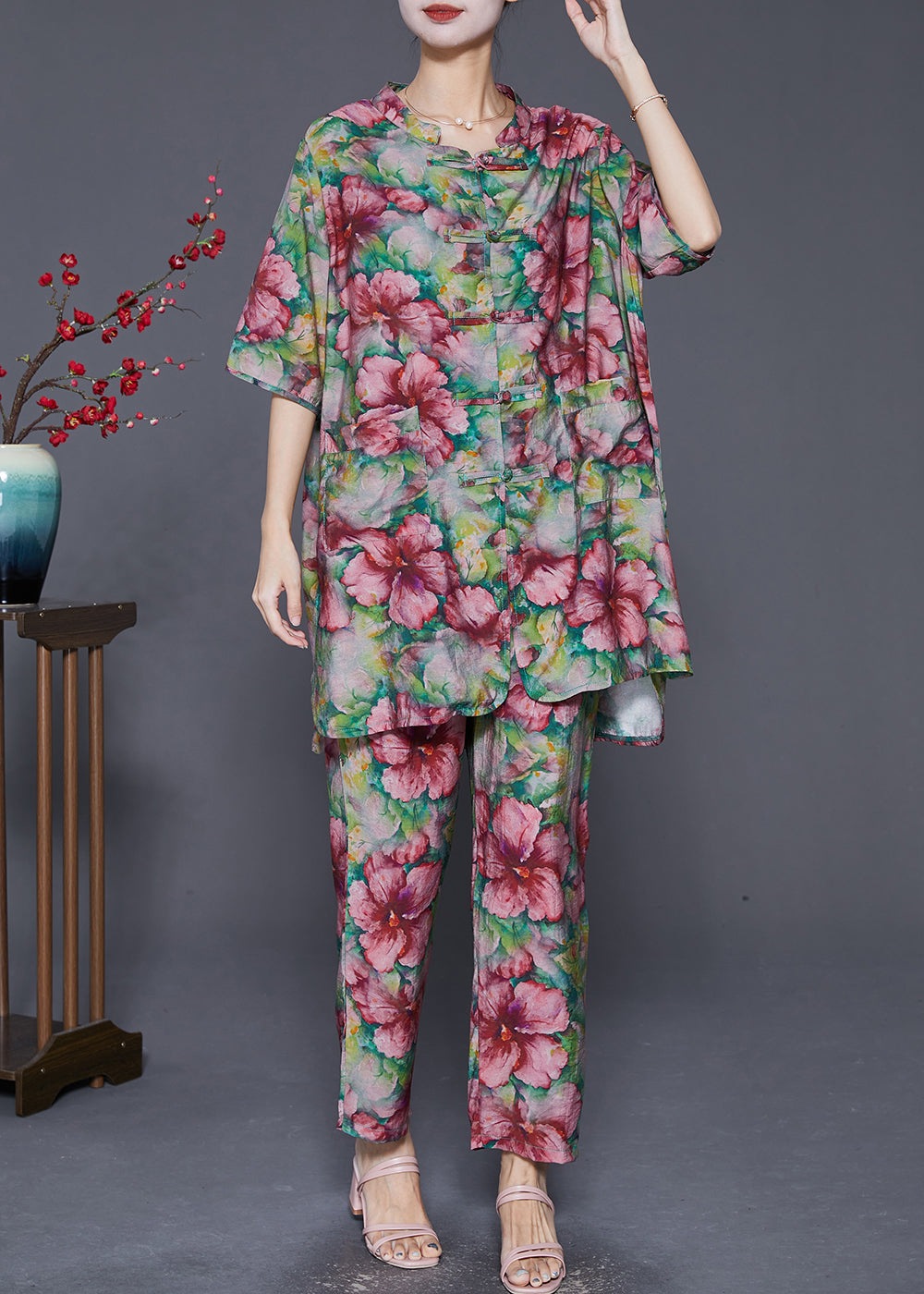 Modern Green Print Chinese Button Linen Two Pieces Set Summer