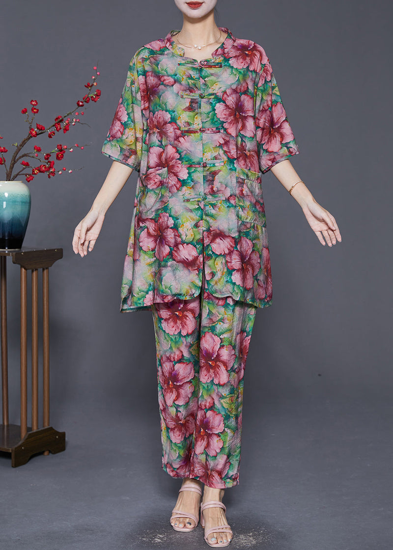 Modern Green Print Chinese Button Linen Two Pieces Set Summer