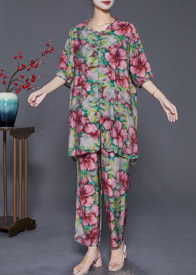 Modern Green Print Chinese Button Linen Two Pieces Set Summer