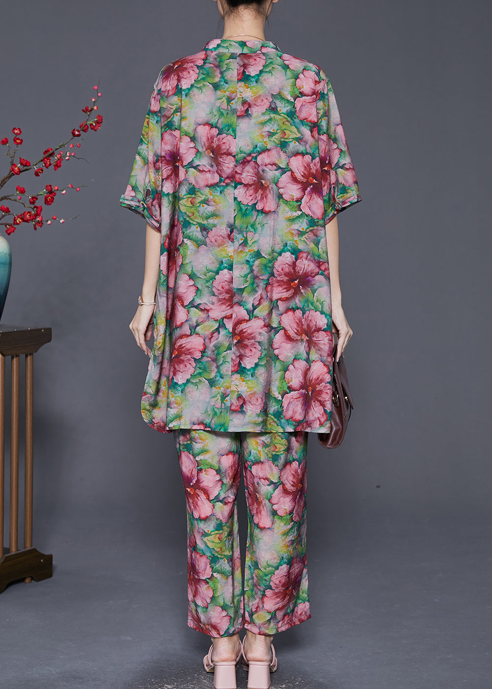 Modern Green Print Chinese Button Linen Two Pieces Set Summer