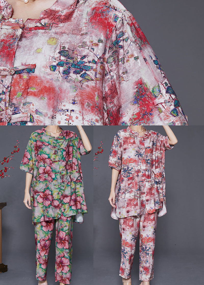 Modern Green Print Chinese Button Linen Two Pieces Set Summer