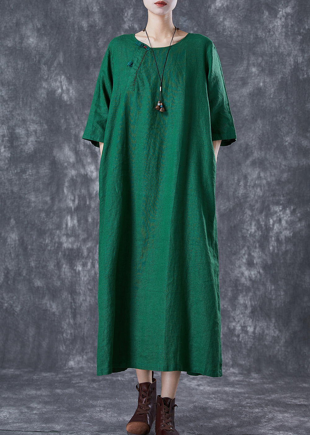 Modern Green O-neck Chinese Button Linen a Line Dress Summer