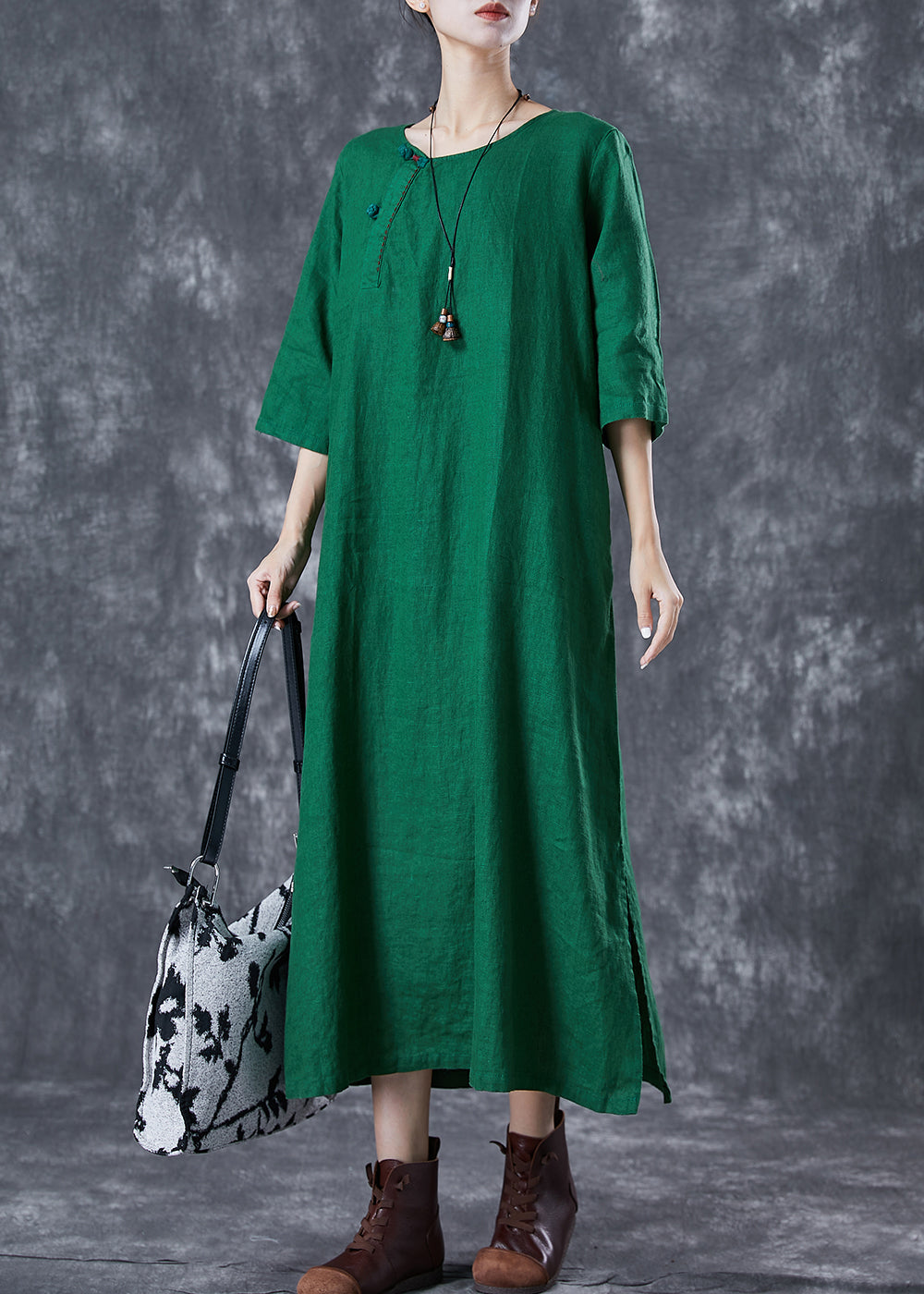 Modern Green O-neck Chinese Button Linen a Line Dress Summer