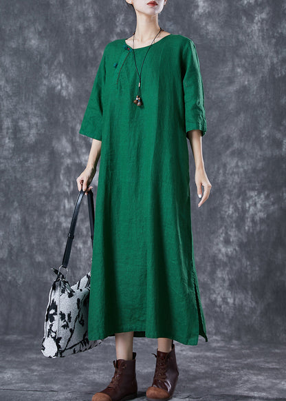 Modern Green O-neck Chinese Button Linen a Line Dress Summer