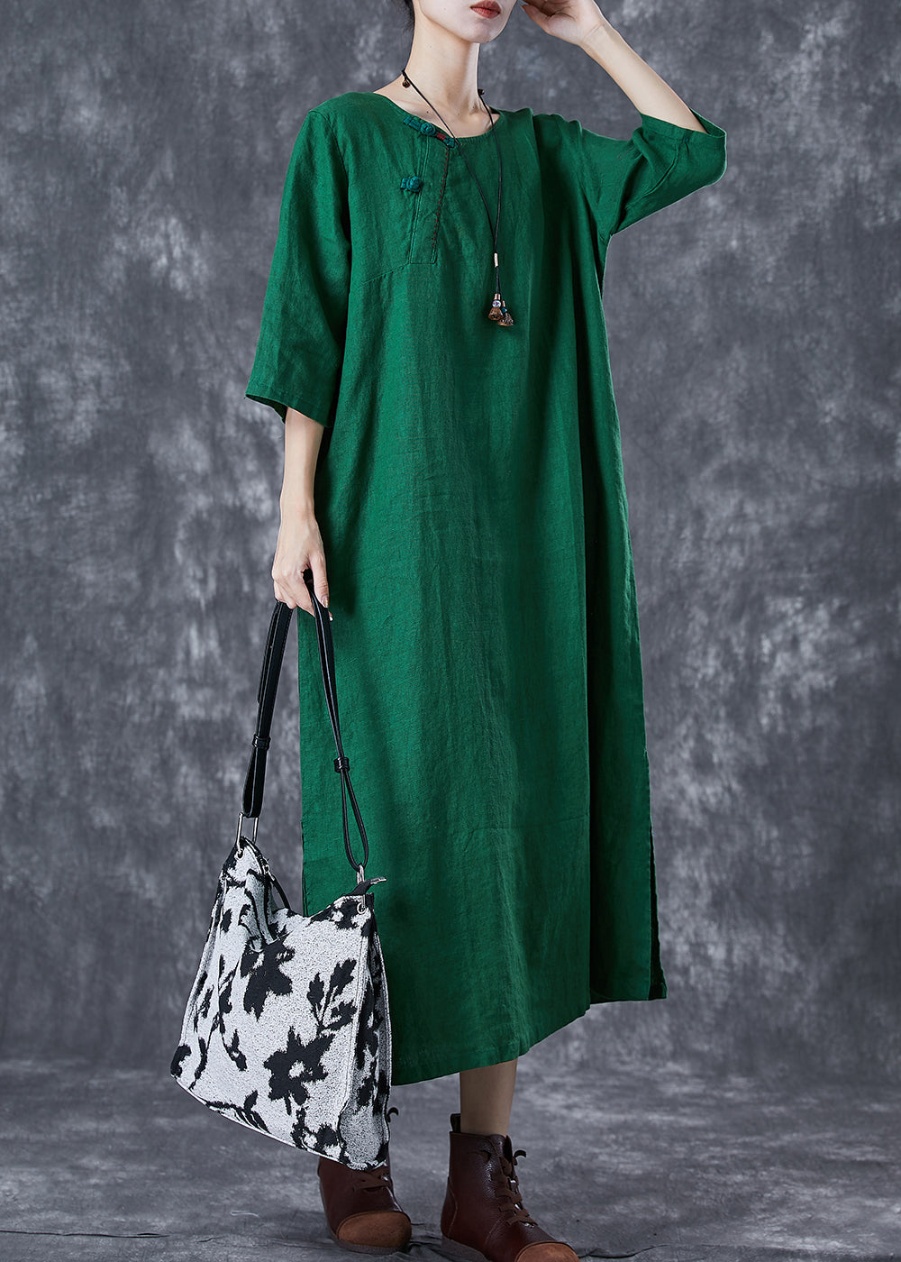 Modern Green O-neck Chinese Button Linen a Line Dress Summer