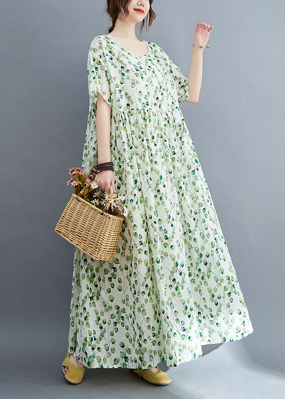 Modern Green O-neck Print Wrinkled Holiday Maxi Dress Summer