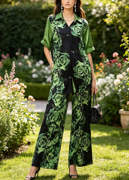 Modern Green Peter Pan Collar Print Silk Shirts and Wide Leg Pants Two Pieces Set Summer