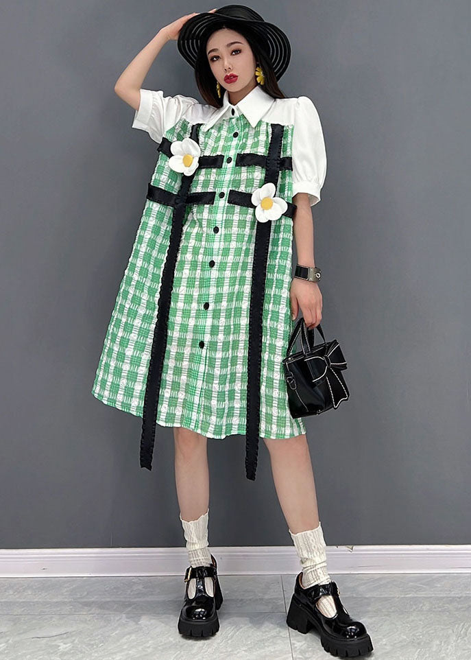 Modern Green Plaid Peter Pan Collar Patchwork Maxi Dress Short Sleeve
