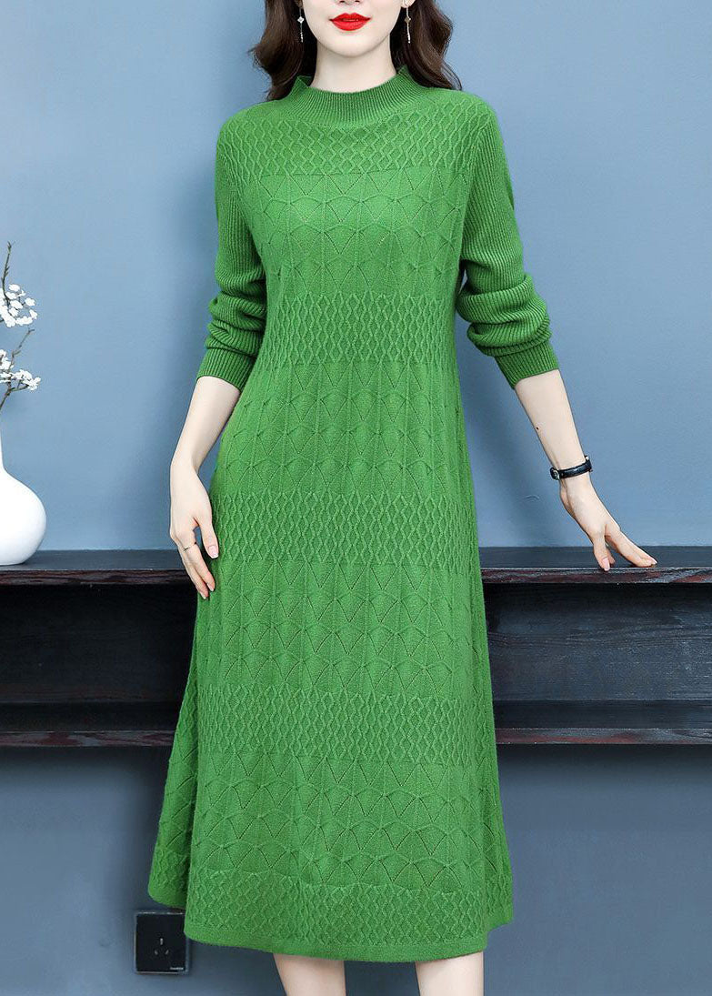 Modern Green Stand Collar Jacquard Color Knitted Long Dress Long Sleeve
