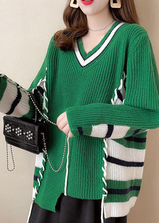 Modern Green V Neck Asymmetrical Design Knit Winter Sweaters
